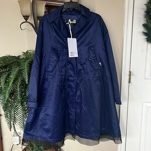 Brand New LOVE MOSCHINO Parka Trench Rain Coat Electric Blue w/ Black Mesh Trim